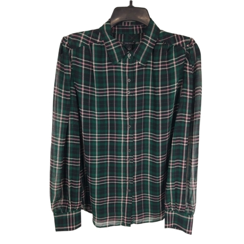 {Ann Taylor} Plaid Sheer Sleeve Shirt Size Small - Picture 6 of 16